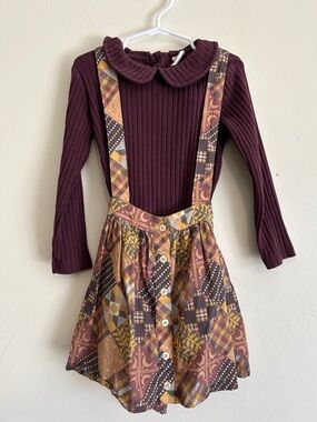 kate quinn Plum Ribbed Top with PeterPan Collar & Patterned Suspender Skirt Set